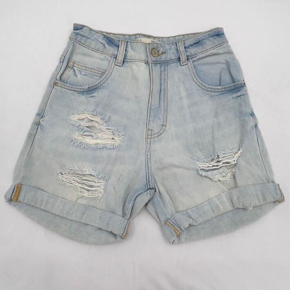 Zara TRF Vintage Collection Light Wash Distressed High Rise Jean Shorts Size 00